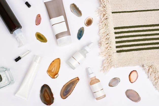 An overhead shot of various skincare products neatly arranged on a clean, white surface. A bottle of Vitamin C serum is centrally placed among other items like cleanser, moisturizer, and sunscreen, highlighting its prominent role in a comprehensive skincare routine.