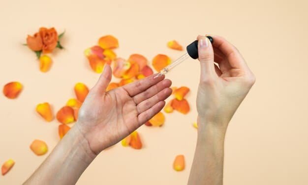 A person's hand gently applying Vitamin C serum to a clean face in a well-lit bathroom. The focus is on the delicate application technique, with a soft, blurred background showcasing other skincare essentials.