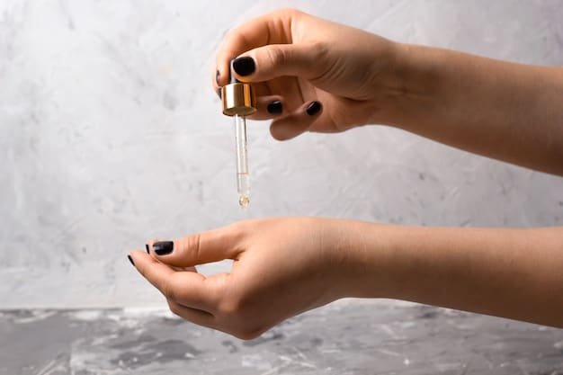 A hand applying a serum to a clean face, with a focus on the texture of the serum and the smoothness of the skin. Natural light to highlight the clarity of the skin.