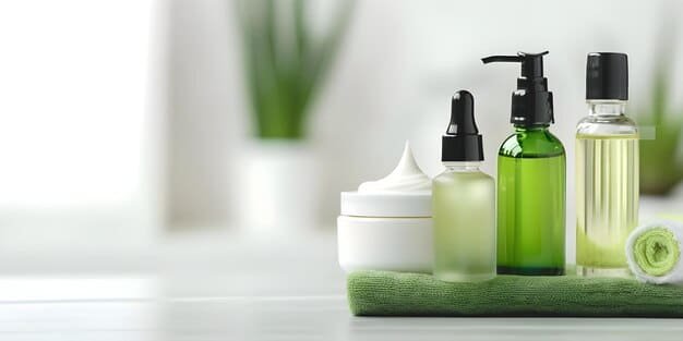 A variety of skincare products (moisturizer, serum, cleanser) with labels clearly indicating 