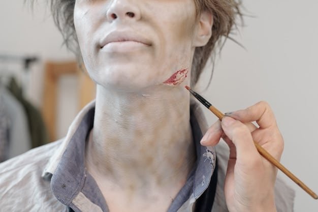A split-screen showcasing the before and after of concealing ice pick scars using a pointed brush.