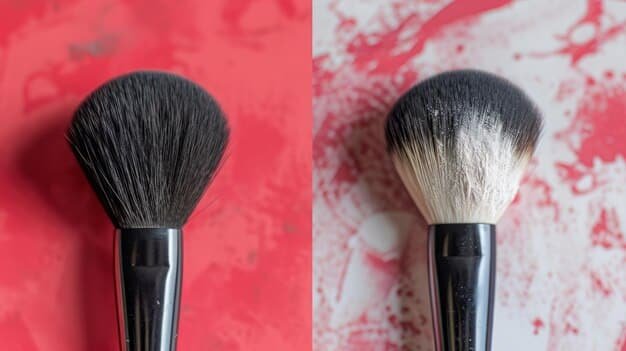 A before-and-after comparison of a makeup brush, with one side showing heavy makeup residue and the other side showing a clean, fluffy brush after washing.